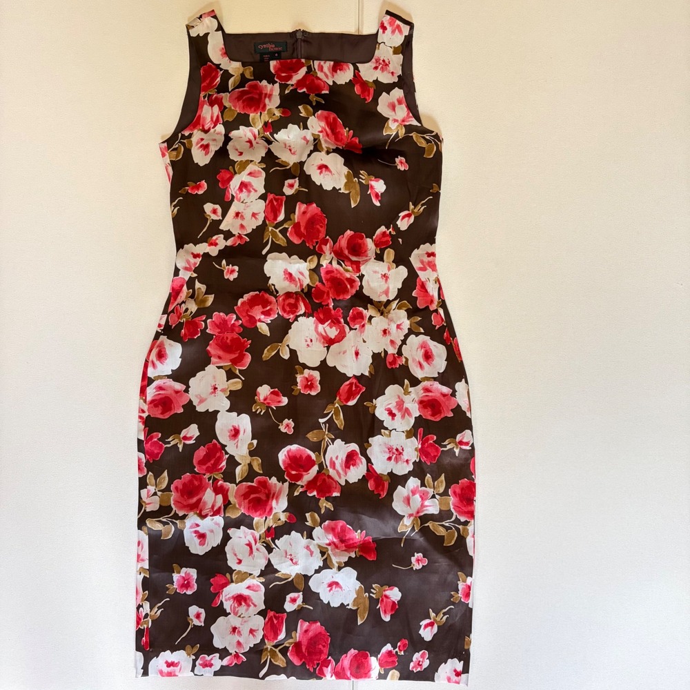 Cynthia Howie 100% Silk Floral Midi Sheath Dress Brown Pink Red Size 6